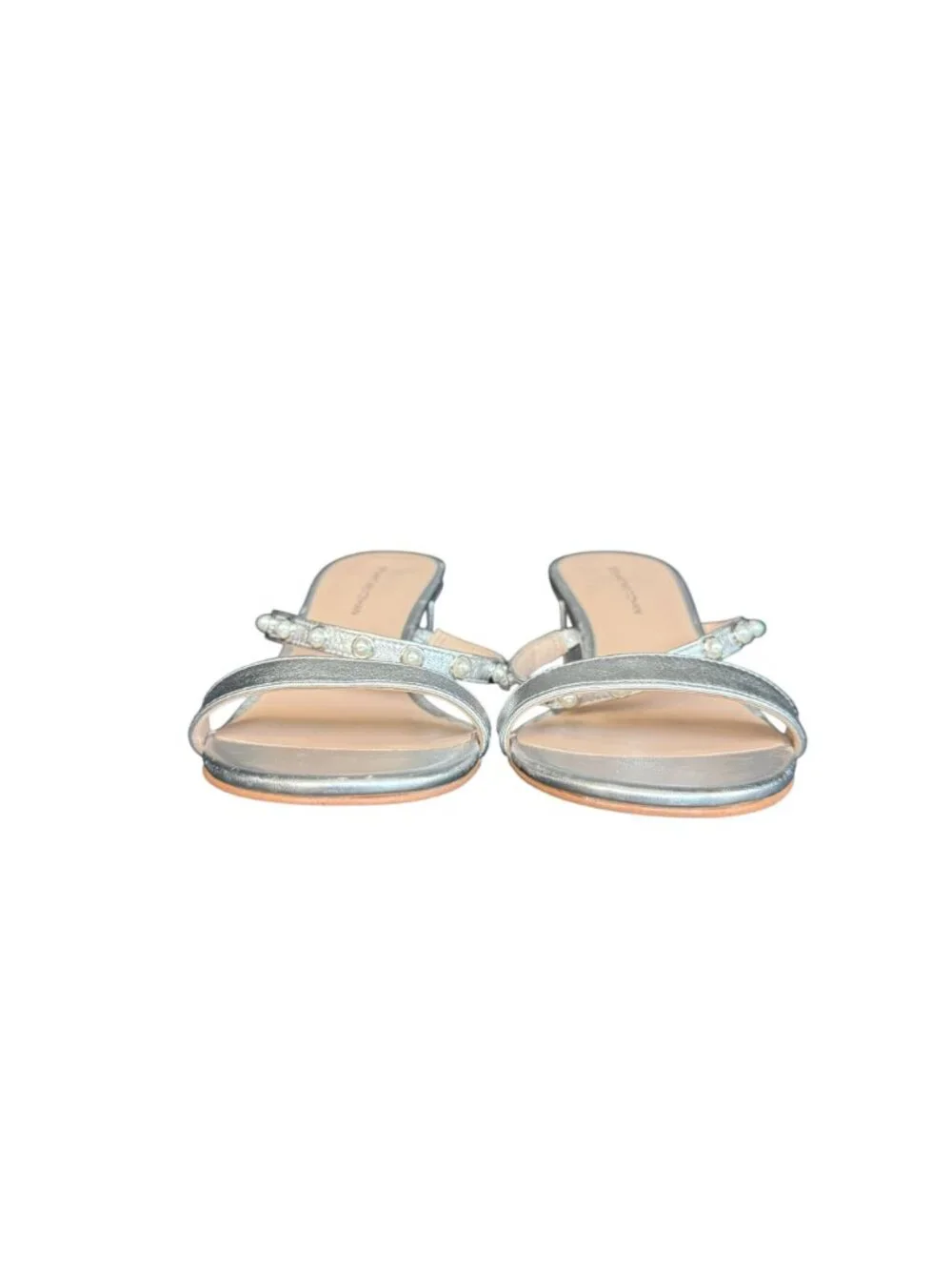 Stuart Weitzman Pearly Strap 50 Block Slide Sandals Silver, Size 6.5 WORN ONCE